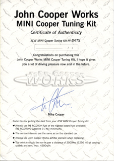 JCW MINI Cooper Tuning Kit Certificate 475