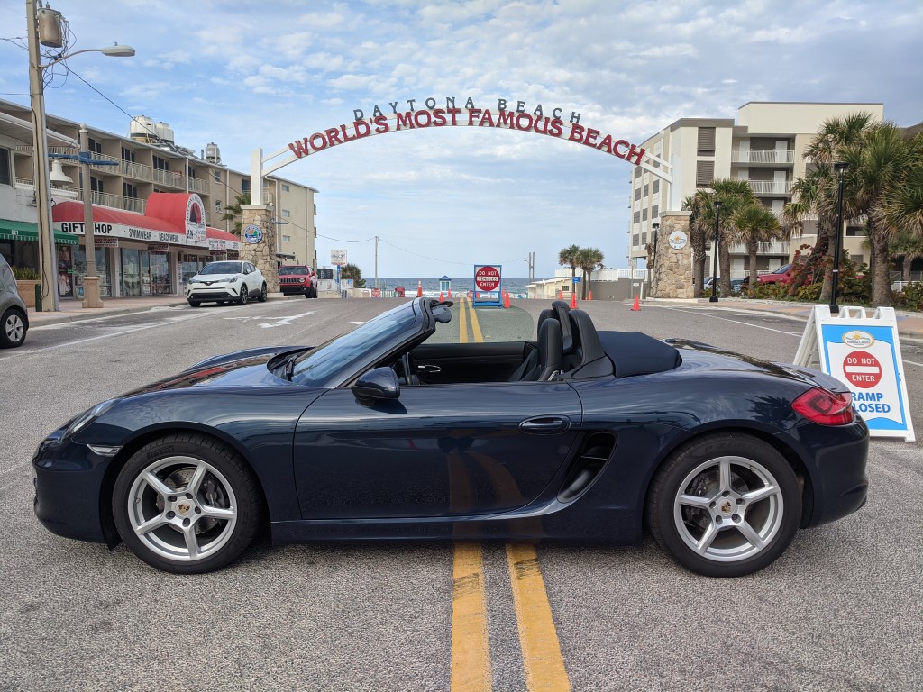 Porsche Boxster at World's Most Famous Beach Sign in Daytona Beach